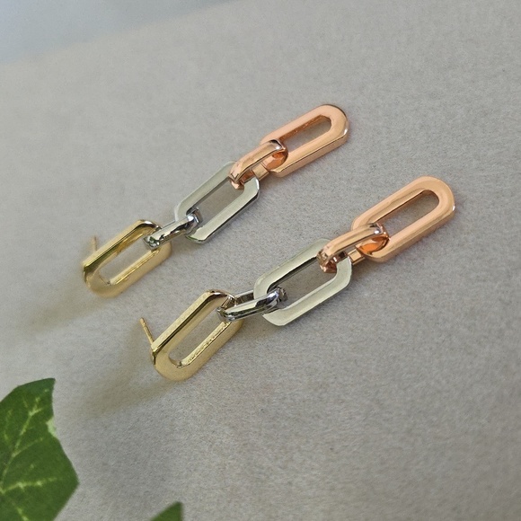 Tricolor Gold Paperclip Chain Link Drop Dangle Earringd - Picture 1 of 8